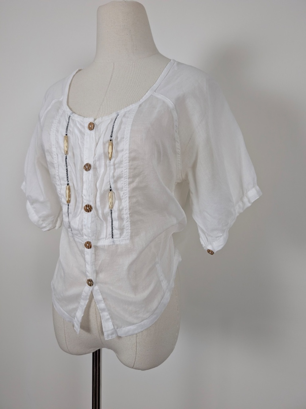 Sheer Cotton Short Sleeve Blouse Size Small White Boho - Picture 6 of 15